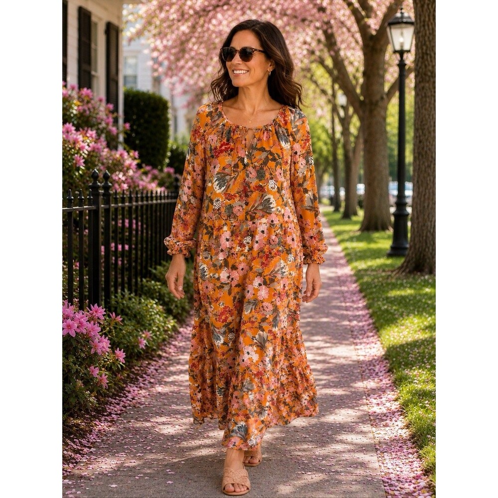 Kate & Sam Burnt Orange Ruffle Maxi Dress Size Medium Pink Long Sleeves Sunset